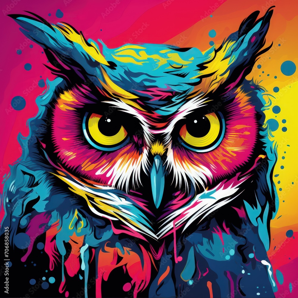 Blacklight painting-style owl, owl pop art illustration