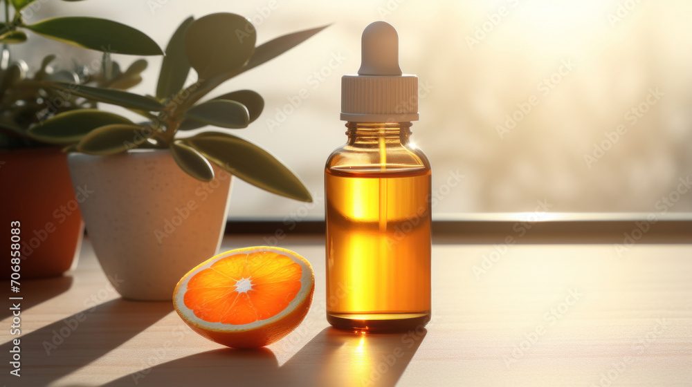 A glass bottle of essential oil next to a vibrant orange slice with indoor plants in the background, capturing a natural essence. A glass bottle of essential oil next to a vibrant orange slice with indoor plants in the background, capturing a natural essence.