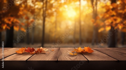 An autumnal scene with orange leaves scattered on a wooden plank at sunset in the forest.