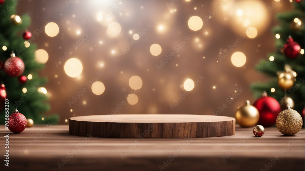 Festive Wooden Podium: Christmas Product Showcase created by AI
