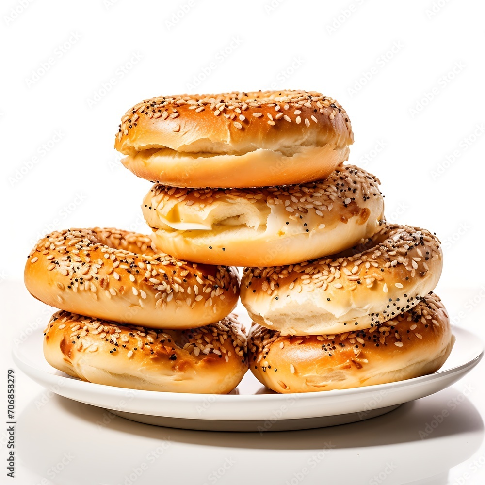 Bagels on a plate on white background.