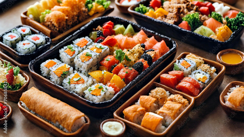 Assorted Sushi Trays on Table