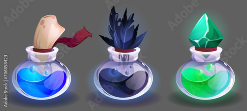Glass bottles with magic colorful potion or medicine with emerald, canine tooth and crow feathers as cork. Cartoon vector game ui assets set of fantasy liquid wizard elixir in chemistry vials.