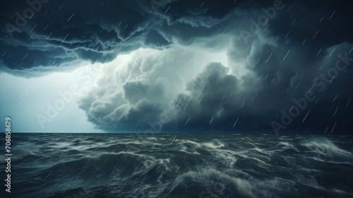 Impressive dark storm clouds gathering over a turbulent sea, depicting the power of nature.