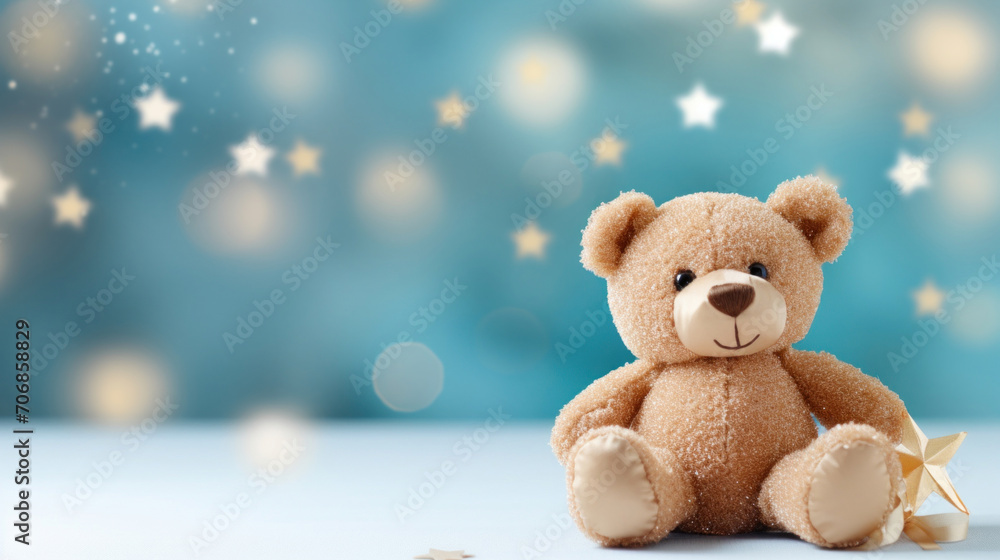 Adorable brown teddy bear sitting with a gold star on a dreamy blue background with twinkling stars. Adorable brown teddy bear sitting with a gold star on a dreamy blue background with twinkling stars.