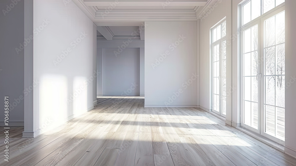 A room with a wooden floor and a large window. This asset is suitable for interior design, architecture, real estate, and home renovation concepts. Empty room in a bright clean interior ,