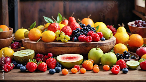 Assorted Fresh Fruits Displayed on a Wooden Table