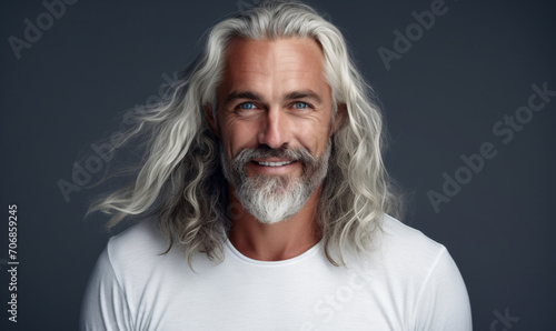 Smiling man with white long stylish hair isolated on gray background