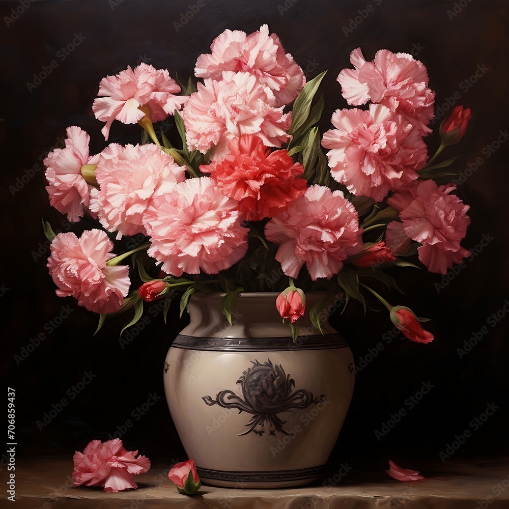 Beautiful vase of carnation flowers on the table with light exposure Beautiful vase of carnation flowers on the table with light exposure