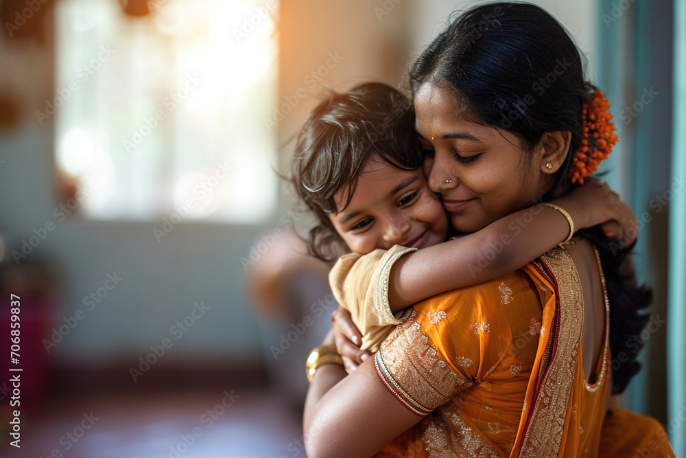 Moment of child hugging and embracing mom. Portrait of happy Indian American mommy and her child kid hugging each in apartment background. Mother's Day family holiday unconditional love concept. - obrazy, fototapety, plakaty 