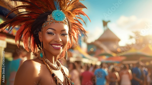 A radiant carnival queen in a feathered headdress smiles brightly at a festive event during sunset.