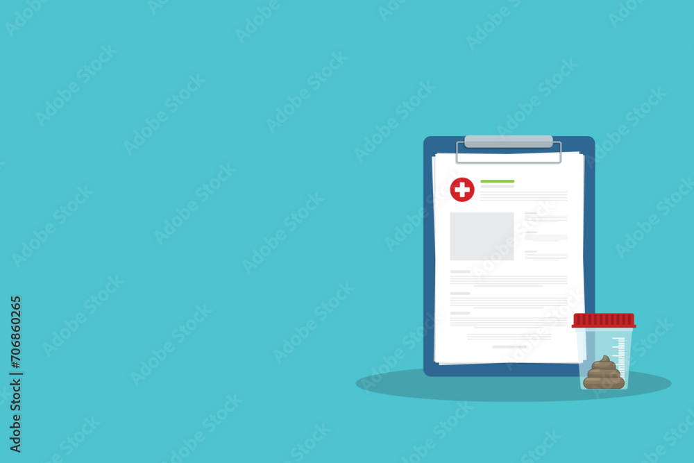 Stool analysis. Stool test. Medical research report clipboard with medical sample in a glass tube. Stool analysis. Stool test. Medical research report clipboard with medical sample in a glass tube.
