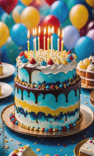 Birthday cake against blurred background by ai generated