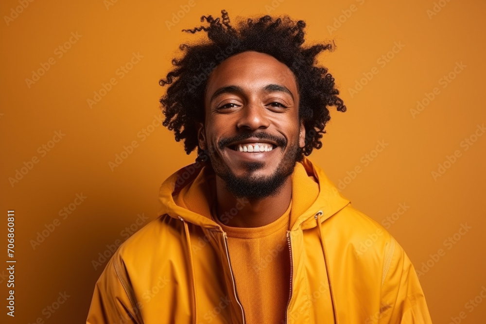 Studio portrait of smiling with teeth happy African American adult in jacket on yellow background. Horizontal banner. Positive kid childhood lifestyle concept. Empty space place for text, copy paste Studio portrait of smiling with teeth happy African American adult in jacket on yellow background. Horizontal banner. Positive kid childhood lifestyle concept. Empty space place for text, copy paste