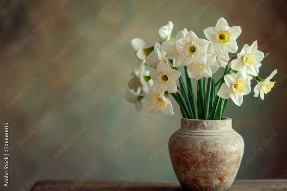 Blooming white daffodils in a decorative home vase. Blooming white daffodils in a decorative home vase.
