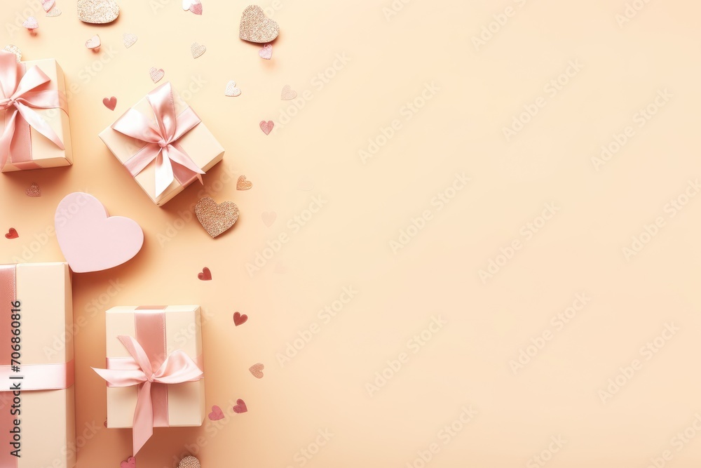 Valentine's Day concept. Top view photo of gift boxes with ribbon bows heart shaped candies candles