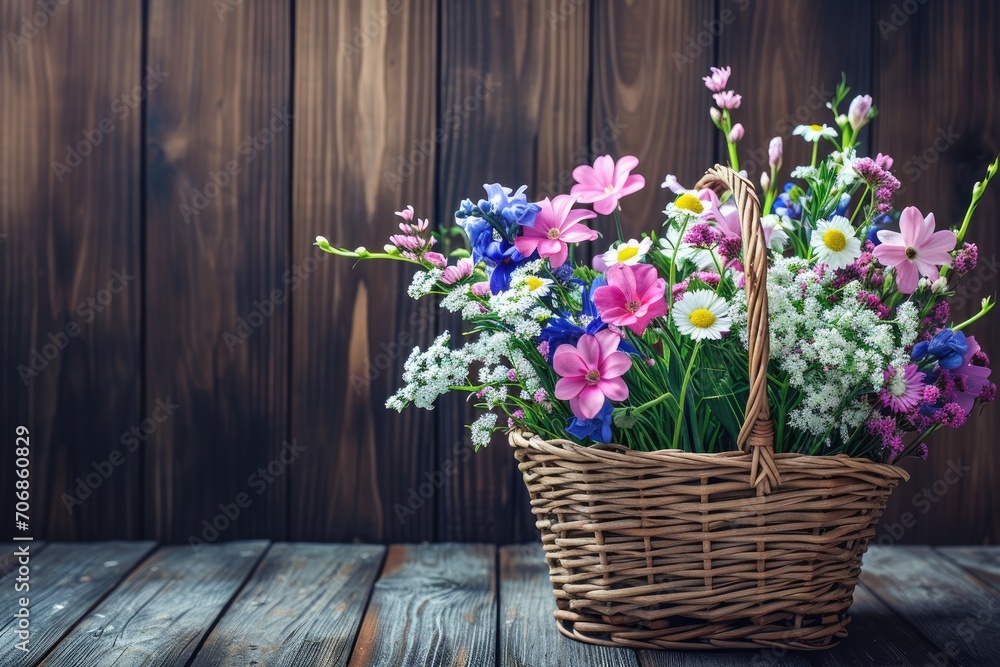 Spring flowers in basket on dark wooden background.