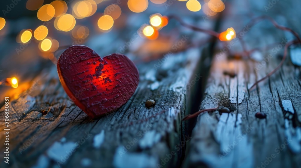 Fototapeta premium Red heart on wood with light on background.