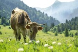 Horned cow grazing in green meadow.