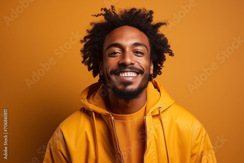 Studio portrait of smiling with teeth happy African American adult in jacket on yellow background. Horizontal banner. Positive kid childhood lifestyle concept. Empty space place for text, copy paste © Valeriia