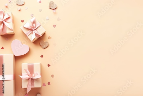 Valentine's Day concept. Top view photo of gift boxes with ribbon bows heart shaped candies candles