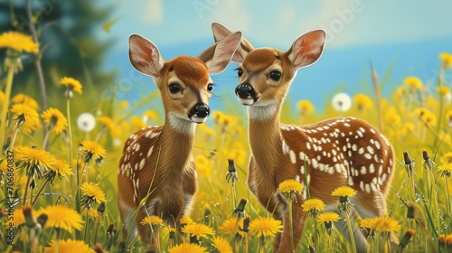 Two fawns standing in a field with dandelions.