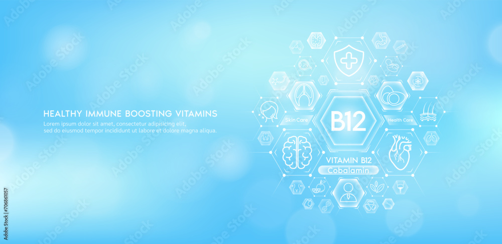 Vitamin B12 or Cobalamin with medical icons. Vitamins minerals from natural essential health skin care body organs healthy. Build immunity antioxidants digestive system. Banner vector EPS10.