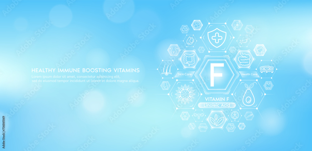 Vitamin F or Linoleic Acid with medical icons. Vitamins minerals from natural essential health skin care body organs healthy. Build immunity antioxidants digestive system. Banner vector EPS10. - obrazy, fototapety, plakaty 