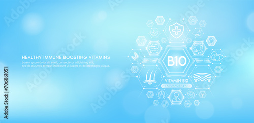 Vitamin B10 or Aminobenzoic Acid with medical icons. Vitamins minerals from natural essential health skin care body organs healthy. Build immunity antioxidants digestive system. Banner vector EPS10.