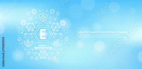 Vitamin E or Tocopherol with medical icons. Vitamins minerals from natural essential health skin care body organs healthy. Build immunity antioxidants digestive system. Banner vector EPS10.