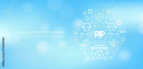 Vitamin PP or Nicotinic Acid with medical icons. Vitamins minerals from natural essential health skin care body organs healthy. Build immunity antioxidants digestive system. Banner vector EPS10.