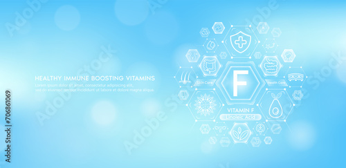 Vitamin F or Linoleic Acid with medical icons. Vitamins minerals from natural essential health skin care body organs healthy. Build immunity antioxidants digestive system. Banner vector EPS10.