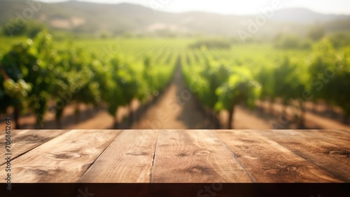 The empty wooden table top with blur background of vineyard. Exuberant image. generative AI © Summit Art Creations