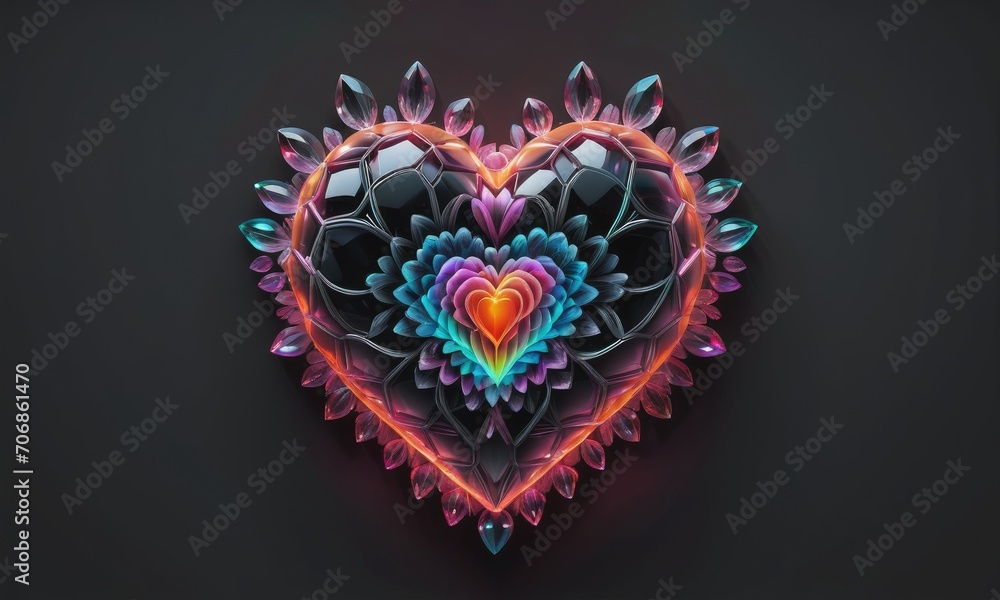Glowing neon crystal heart on dark gray background neural art by ai generated Glowing neon crystal heart on dark gray background neural art by ai generated