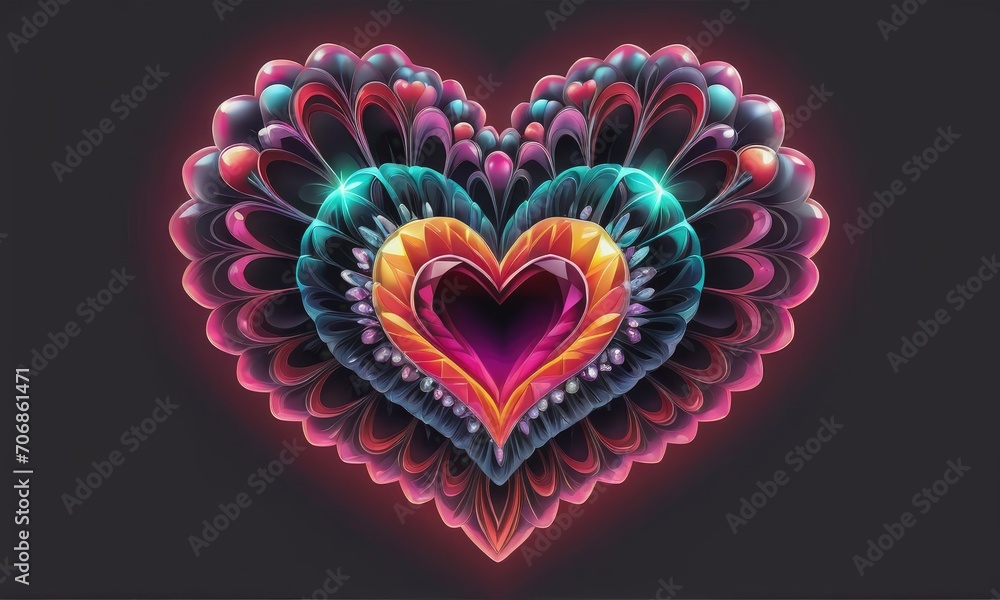 Glowing neon crystal heart on dark gray background neural art by ai generated