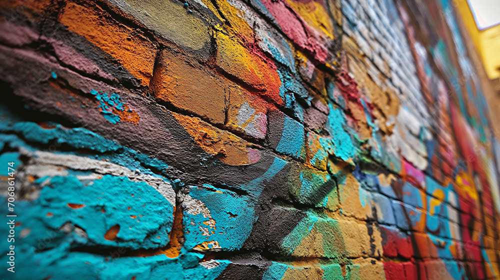 An angled view of an urban brick wall with vibrant graffiti art