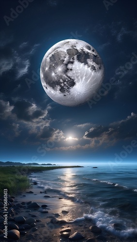 Full Moon Shining on Ocean With Rocks and Grass