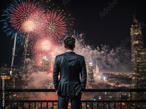 Man in Suit Watching Fireworks Display at Night