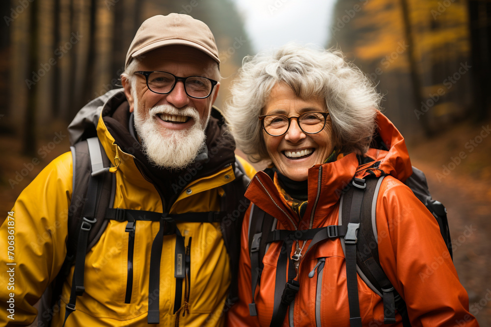 Travelers, elderly healthy lifestyle concept. Senior cheerful active smiling mature couple walks looks happy in the park with hiking backpacks, in afternoon autumn day, happily retired. Travelers, elderly healthy lifestyle concept. Senior cheerful active smiling mature couple walks looks happy in the park with hiking backpacks, in afternoon autumn day, happily retired.