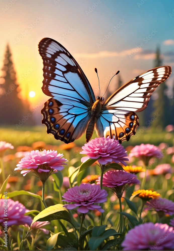 Obraz premium Butterfly Soaring Above Blooming Meadow of Colorful Flowers
