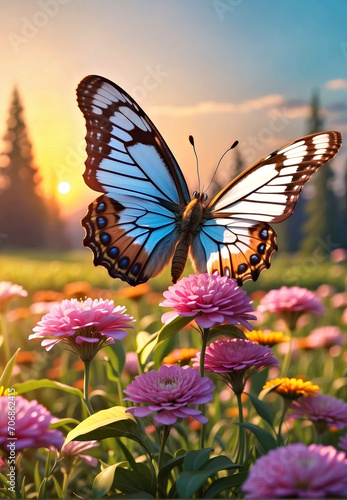 Butterfly Soaring Above Blooming Meadow of Colorful Flowers