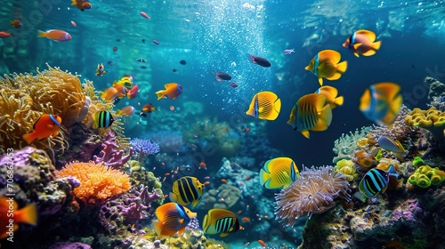 3d wallpaper coral reef tropical colorful fish in the water aquarium © Jennifer