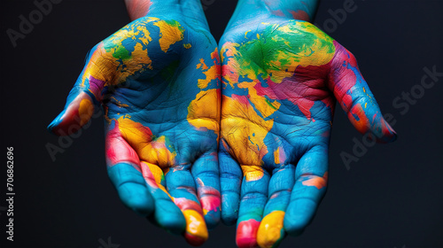 Hands Painted with World Map Symbolizing Harmony and Interconnectedness - Colorful Details Enhanced with Lighting, Emphasizing Unity Theme 