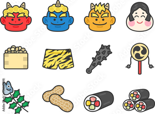 節分のアイコン（線画カラー）のイラストセット