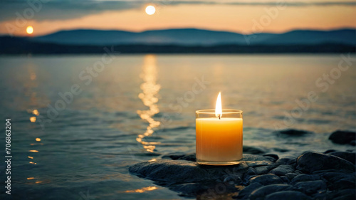 Serene Scene  Lit Candle Gently Illuminates Rocky Beachscape