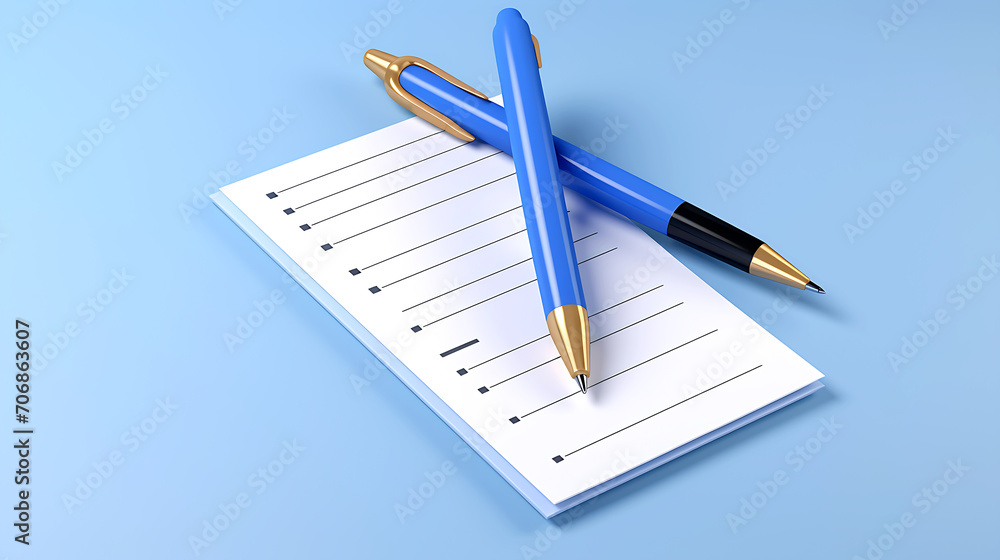 3d illustration of pen putting blue ticks on paper,no people,blue background,front view 3d illustration of pen putting blue ticks on paper,no people,blue background,front view