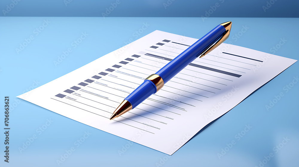 3d illustration of pen putting blue ticks on paper,no people,blue background,front view 3d illustration of pen putting blue ticks on paper,no people,blue background,front view