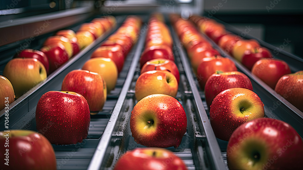 Healthy fruits,industry food production, Clean and fresh apples on conveyor belt in food processing facility, ready for automated packing. Healthy fruits,industry food production, Clean and fresh apples on conveyor belt in food processing facility, ready for automated packing.