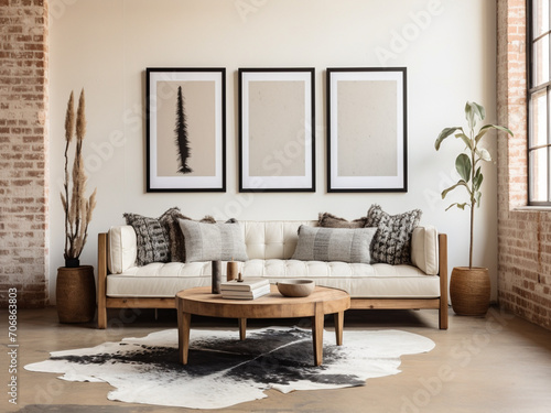 A chic, minimalist boho room with a sleek sofa, a cowhide rug, and a series of black and white prints
