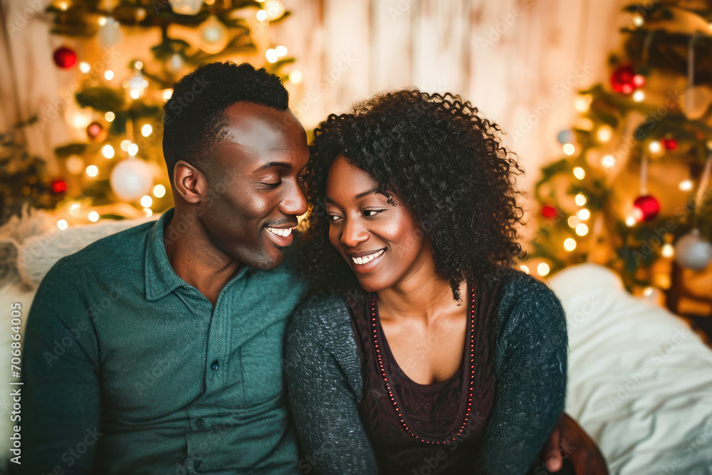 Happy African American couple sharing a loving moment near a Christmas tree, surrounded by festive lights and decorations. Happy African American couple sharing a loving moment near a Christmas tree, surrounded by festive lights and decorations.